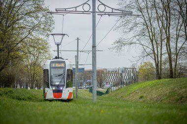 Tallinn 'deki modern tramvay bulutlu bir gökyüzünün altındaki çimenli bir alanda raylar üzerinde seyahat ediyor. Ağaçlar ve modern binalar arka planda, doğanın ve kentsel gelişimin şehirlerin karışımını sergiliyorlar...
