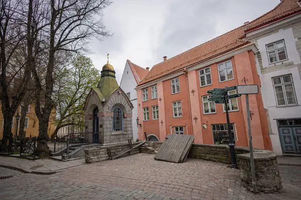 Tallinn 'deki Roheline Turg' un üzerinde yeşil bir kubbe bulunan küçük bir şapeli vardır. Şeftali renkli tarihi binalar, eğimli ahşap bir yapı ve sokak tabelaları bulutlu bir gökyüzünün altında duruyor, ortaçağ cazibesiyle şehir yaşamını harmanlıyor...