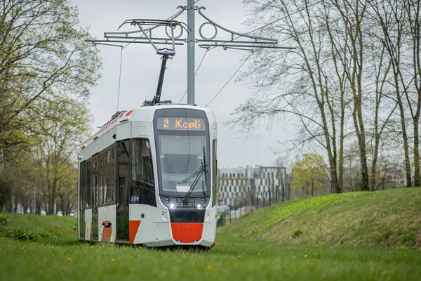 Tallinn 'deki modern tramvay bulutlu bir gökyüzünün altındaki çimenli bir alanda raylar üzerinde seyahat ediyor. Ağaçlar ve modern binalar arka planda, doğanın ve kentsel gelişimin şehirlerin karışımını sergiliyorlar...