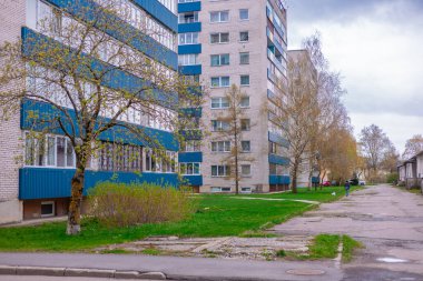 Narva yerleşim bölgesinde mavi aksanlı çok katlı tuğla binalar, ilkbahar tomurcukları olan çıplak ağaçlar ve çimenli bir avlu bulunuyor. Kırık bir yolda, bulutlu bir gökyüzünün altında sonbahar renklerinde bir köpek gezdirir..