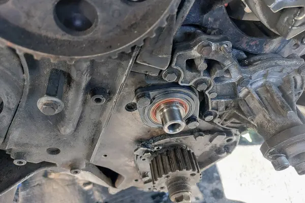 Yeni yapılmış bir mührü, Alman yapımı bileşenleriyle uygun yağlama ve mühürlemeyi sağlayan dizel bir motorun ara şaftına yakın plan olarak yerleştirdim..