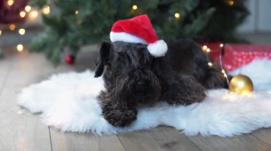 Noel Baba şapkalı şirin köpek Noel ağacının yanında.