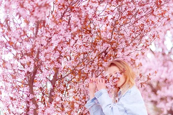 Cherry Blossom Events and Locations. Happy girl with Blossom sakura cherry tree over nature background.