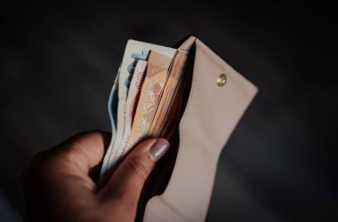 Kadın, cüzdanından avro parası çekiyor. Para sayan adam, ekonomi konsepti, para dağılımı