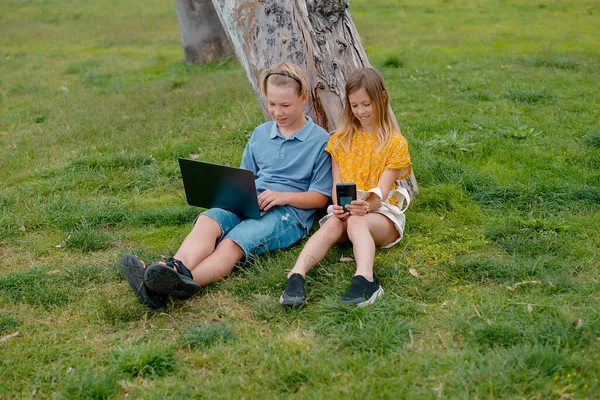 kids sitting under a tree and using technology