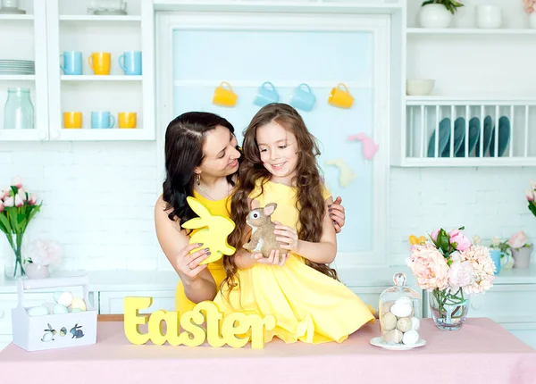 Happy Easter Mother Daughter Together Home Easter Celebration Sitting Looking — Stock Photo, Image