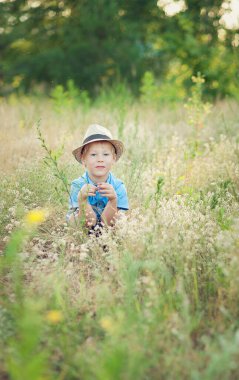 Little boy enjoying life and nature. Happy Kid on summer field . Fresh air, environment concept.