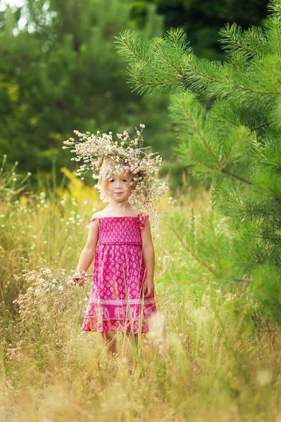 Menina Está Usando Coroa Flores Sua Cabeça Campo Verão Dia — Fotografia de Stock