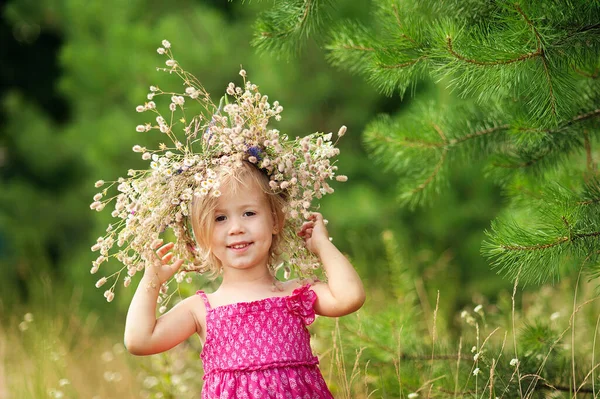 Menina Está Usando Coroa Flores Sua Cabeça Campo Verão Dia — Fotografia de Stock