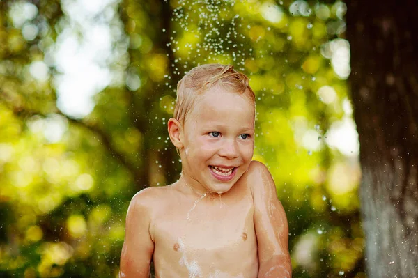 Summer Vacation Countryside Local Staycation Cute Boy Having Fun Bathing —  Fotos de Stock