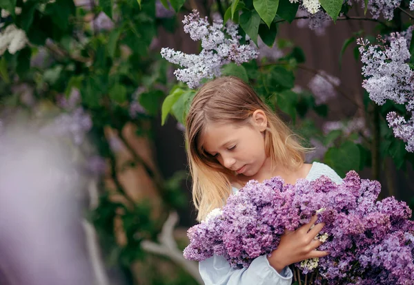 Portrait Young Beautiful Girl Blooming Lilac Bush Girl Looks Away — стоковое фото
