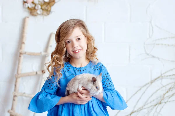 Cute Happy Girl Real Easter Bunny Wearing — Stock Photo, Image