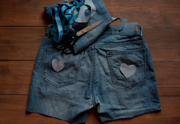 Denim Upcycling Ideias Usando Jeans Velhos Repurposing Jeans Reusing Old — Fotografia de Stock