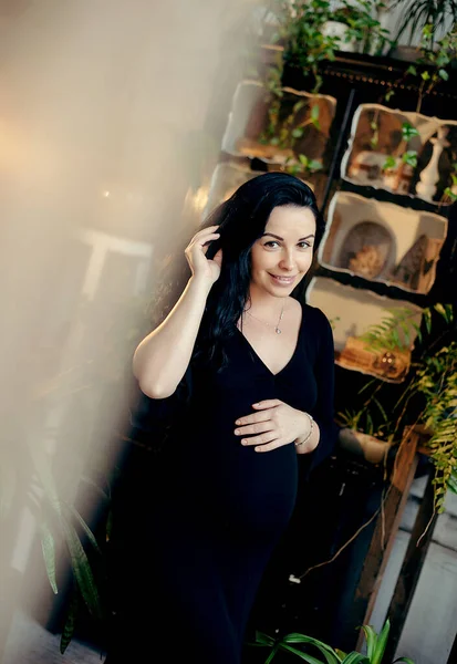 Graviditet Moderskap Människor Och Förväntningar Koncept Närbild Lycklig Gravid Kvinna — Stockfoto