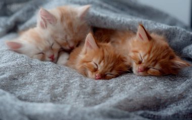 Kürk battaniyesinde uyuyan sevimli Ginger Kedileri. Mutlu Sevimli Kedi Evcil Hayvanı