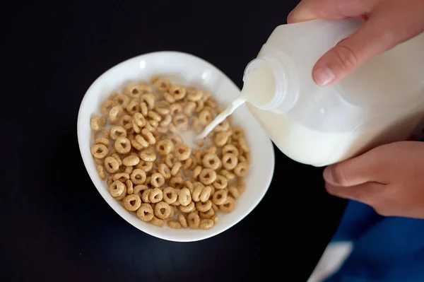 Bowl Healthy Cornflakes Milk Table Closeup — Stock Photo, Image