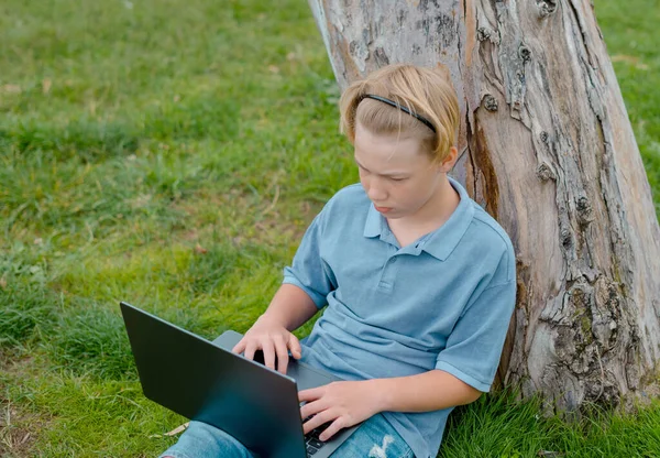 Adolescente Seduto Parco Con Computer Portatile Prepara Lezioni Esami Concetto — Foto Stock