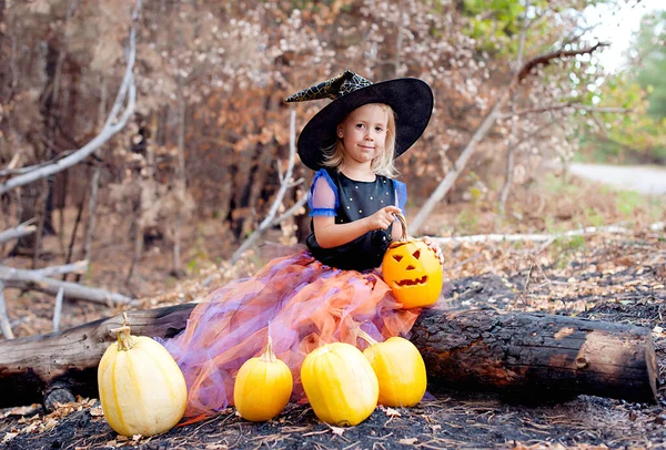 stock image happy laughing child girl in witch costume to Halloween