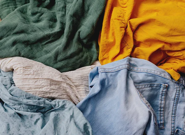 Pile Dirty Clothes Second Hand Wardrobe Idea Circular Fashion Eco — Stock Photo, Image