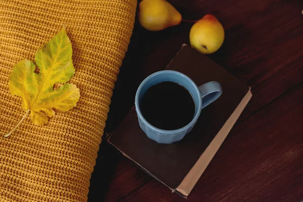 Xícara Café Quente Livro Queda Folhas Marrons Leves Suéteres Tricotados — Fotografia de Stock