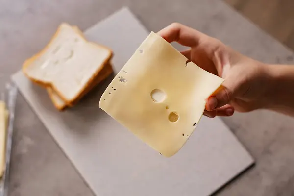 Hands Making Sandwich Preparing Breakfast Putting Cheese Toast Bread — Stock Photo, Image