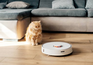 Beyaz robot süpürge yerleri yıkıyor..