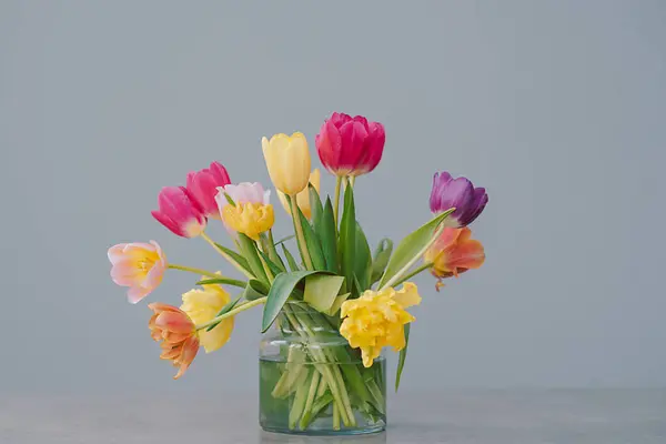 Ramo Tulipanes Sobre Fondo Plano Con Luz Suave Una Profundidad —  Fotos de Stock