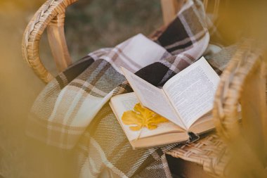 Kitap ve battaniye. Sonbahar günü sıcak bir atmosfer. ? ygge yaşam tarzı konsepti