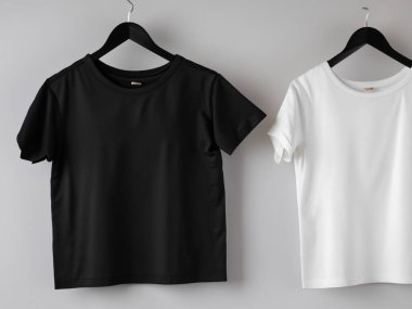 Gerçekçi t-shirt modeli (124); Askıda boş siyah beyaz tişört, tasarım modeli. Sade pamuk tişörtü şablonu oluşturur. Giyim mağazası logosu sahte markalaşma görüntüsü