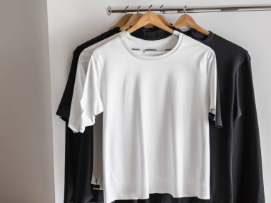 Gerçekçi t-shirt modeli (124); Askıda boş siyah beyaz tişört, tasarım modeli. Sade pamuk tişörtü şablonu oluşturur. Giyim mağazası logosu sahte markalaşma görüntüsü