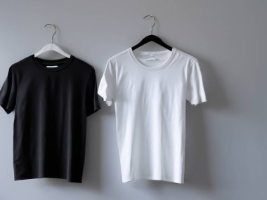 Gerçekçi t-shirt modeli (124); Askıda boş siyah beyaz tişört, tasarım modeli. Sade pamuk tişörtü şablonu oluşturur. Giyim mağazası logosu sahte markalaşma görüntüsü