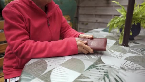 여자는 정원에서 테이블에 그녀의 지갑을 위기입니다 사회적 — 비디오