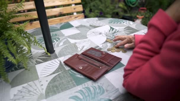 Äldre Kvinna Räknar Mynt Bordet Kämpar Med Brist Pengar Ekonomisk — Stockvideo
