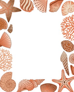 Metin için boş uzayı olan deniz vektör çerçevesi. Denizcilik tarzında bir parti daveti şablonu. Kahverengi kabukların, denizyıldızlarının, mercanların dikey sınırı