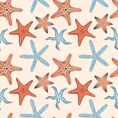 Denizyıldızıyla renklendirilmiş, pürüzsüz bir denizci deseni. Vektör çizimi. Duvar kağıdı, hediye paketi, tekstil ve kumaş için basit okyanus baskısı. Deniz arkaplanı