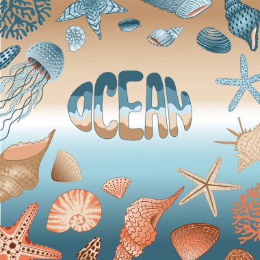 Kabuklu, mercanlı ve deniz yıldızlı bir okyanus posteri. Yaz sahili arka planı mesajla dolu. Vektör çizimi. Yaz deniz kartı. Yazlık duvar resimleri.