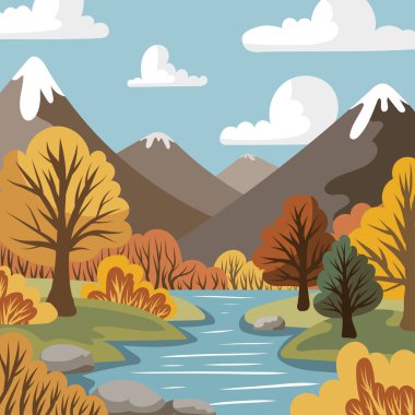 Dağlarla, nehirlerle ve sonbahar ormanlarıyla sonbahar manzarası. Düz stil. Vektör illüstrasyonu