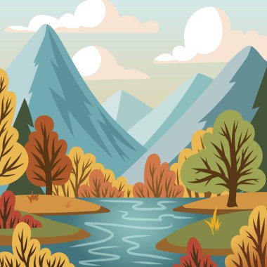 Dağlarla, nehirlerle ve sonbahar ormanlarıyla sonbahar manzarası. Sonbahar arkaplanı. Düz stil. Vektör illüstrasyonu