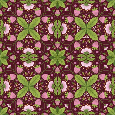 Çilek çiçekli, etnik, pürüzsüz desen. Halk tarzı. Geleneksel nakışlara dayalı bir geçmiş. Koyu arkaplanda retro mutfak çilekli wallaper..