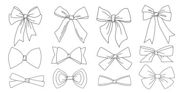 Eski usul basit kurdele yayları koleksiyonu. Doğum günü, hediyeler, Noel için sessiz gölgelerde yaylar.