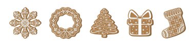 Bir çift izole zencefilli kurabiye. Geleneksel Noel tatlıları. Vektör düz çizim. Hediye kutusu, çorap, kar tanesi, Noel ağacı, çelenk. Noel yemeği simgeleri