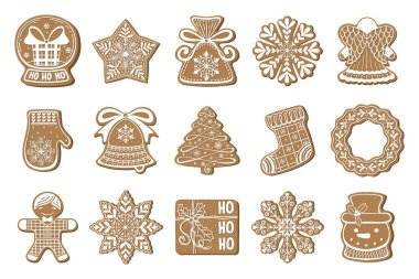 Bir çift izole zencefilli kurabiye. Geleneksel Noel şekeri koleksiyonu. Vektör düz çizim. Noel yemeği simgeleri