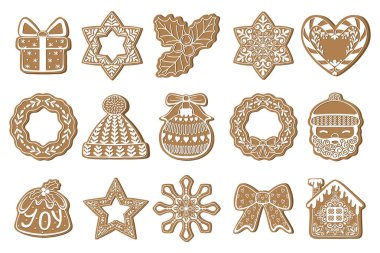 Bir çift izole zencefilli kurabiye. Geleneksel Noel şekeri koleksiyonu. Vektör düz çizim. Noel yemeği simgeleri