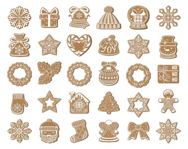 Zencefilli kurabiye koleksiyonu. Zencefilli çörek geleneği çizilmiş büyük bir el seti. Noel ikonları. Kahverengi beyaz renkler.