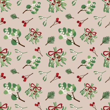 Ökseotu ve kar çileği ile klasik tarzda kusursuz bir Noel deseni. Kış tatili geçmişi. Vektör çizimi. Dekor için Noel tasarımı, duvar kağıtları, ambalaj kağıtları