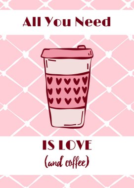 Retro doodle Sevgililer Günü kartı. El çizimi sevimli romantik vektör çizimi. Kahve fincanlı basit bir aşk posteri.