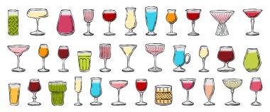 El yapımı kokteyl vektör çizimi seti. Logo tasarımı, afişler, poster tasarımı, tebrik kartları, bar menüsü, düğün davetiyeleri için içecek ikonları. Basit içki siluetleri.