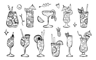 Tropik kokteyl pastel boya kalemi minimalist çizimler. Modern basit içki koleksiyonu. Paloma, Long Island, Blue lagoon, Aperol spritz. Barlar, kafeler ve restoranlar için vektör illüstrasyon.