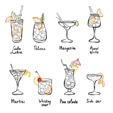 Klasik kokteyl pastel boya kalemi minimalist çizimler. Modern basit içecek koleksiyonu