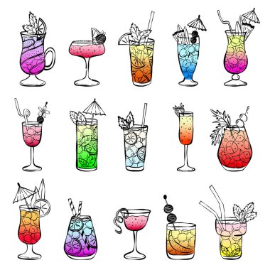 El yapımı mürekkep karalama kokteylleri. Gradyan koleksiyonu olan bardaklarda alkollü içecekler. Kokteyl davetleri için karalama çizimleri, kafe bir restorasyon menüsü